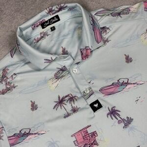 Bad Birdie Golf Polo Mens Medium Light Blue Tropical Boat Print GTSS22F2 Stretch